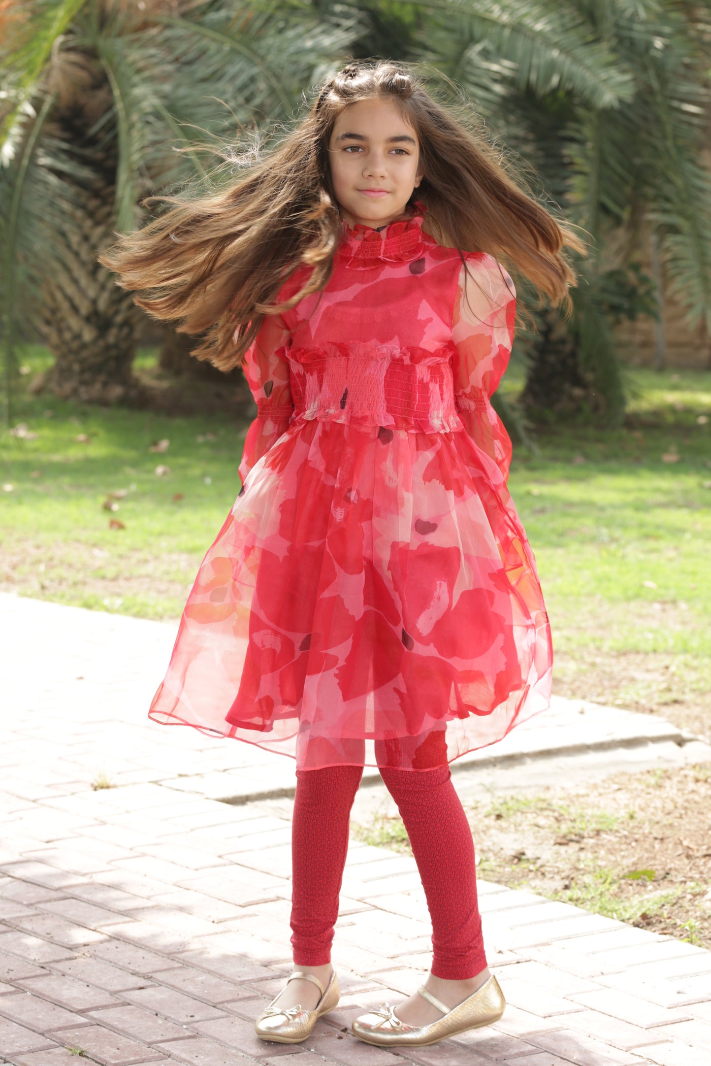 Red Organza Printed Frock