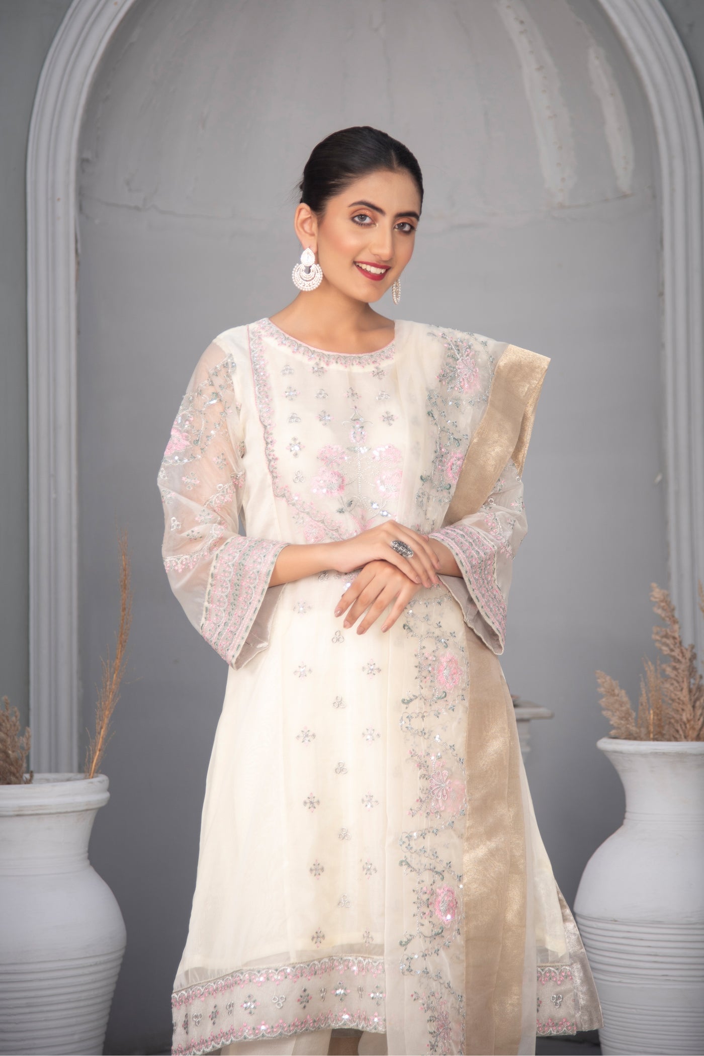 White Embroidered Organza Suit | 3 Pc | Stitched