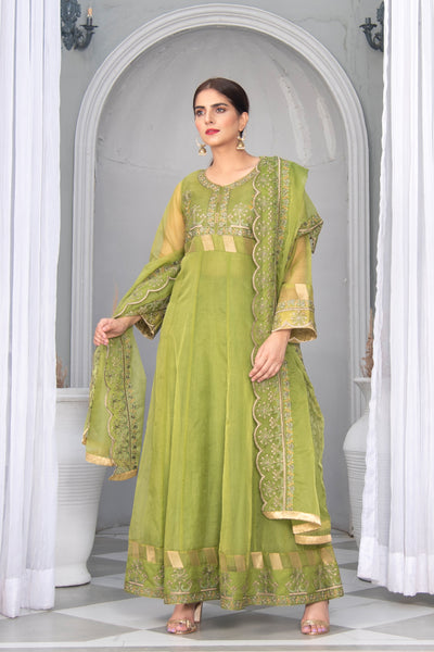 Embroidered Green Organza Suit | 3 Pc | Stitched