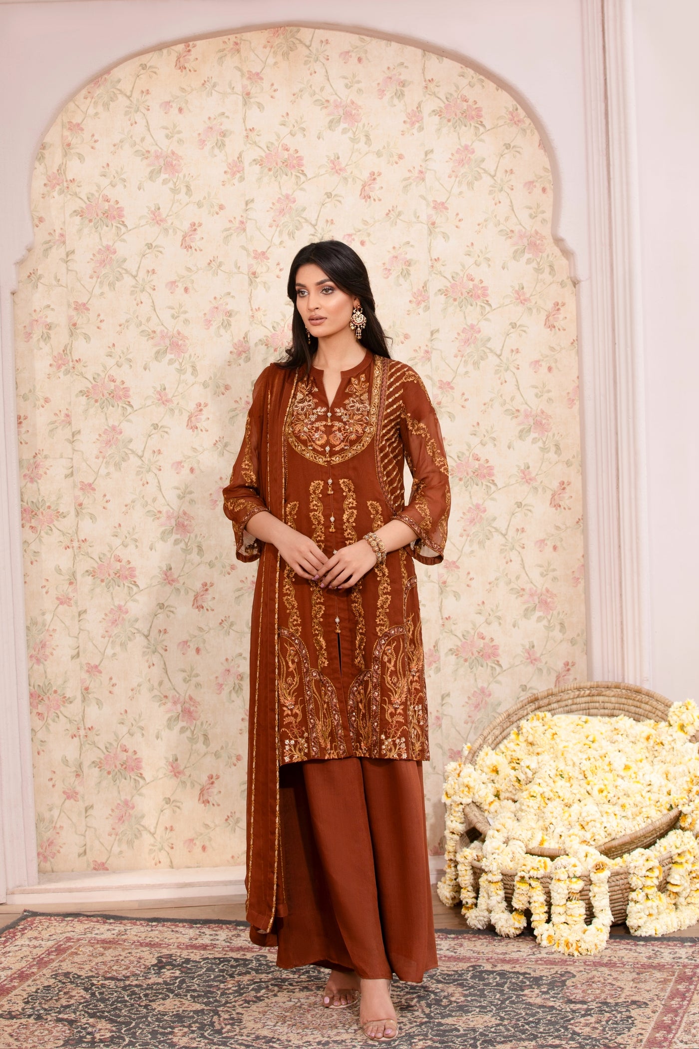 BROWN EMBROIDED CHIFFON