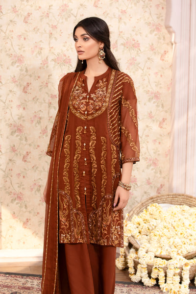 BROWN EMBROIDED CHIFFON
