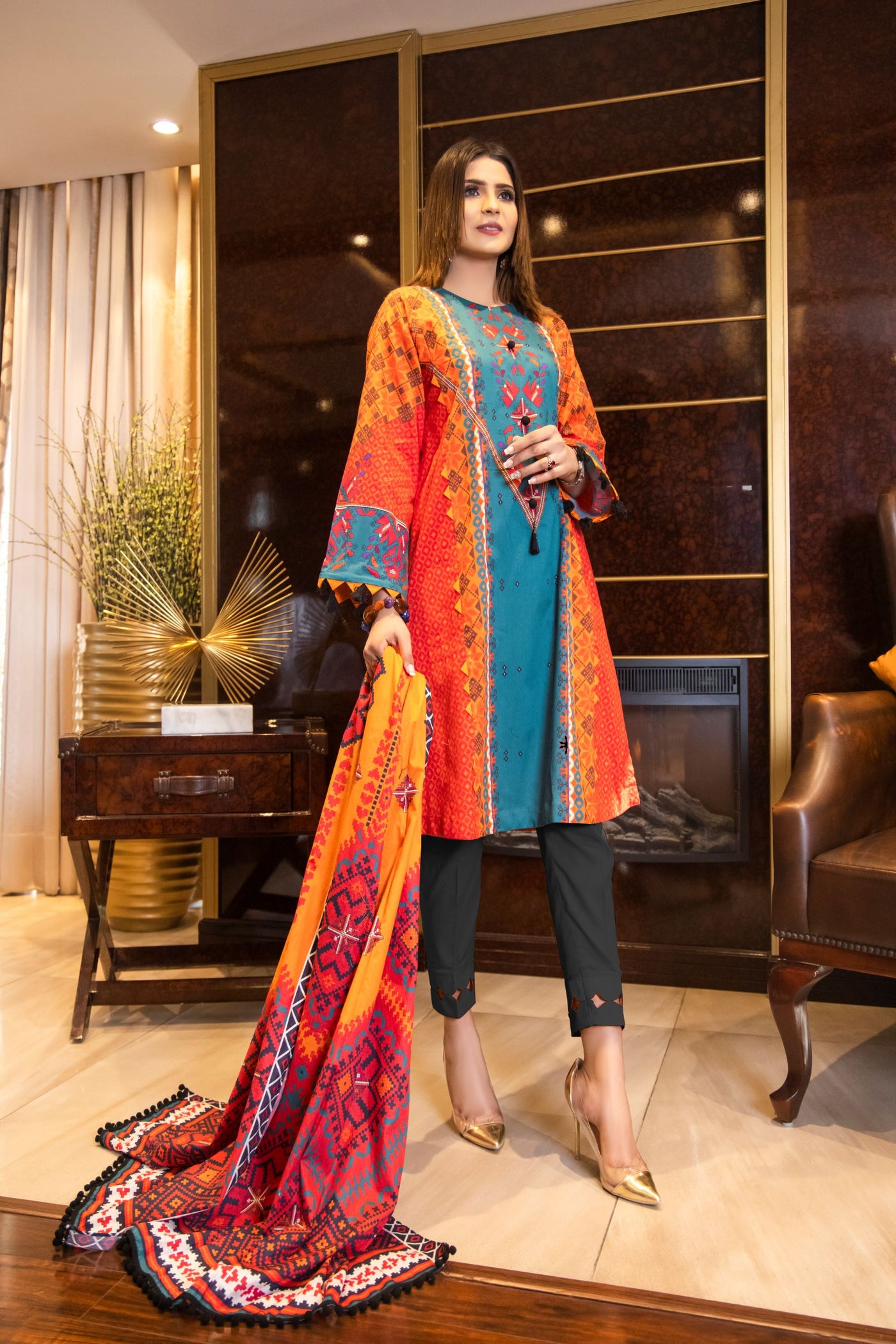 3 Piece Lawn Elegant Summer Suit Beautiful Multi Color Suit Rang-e-Bahar - Front With dupatta