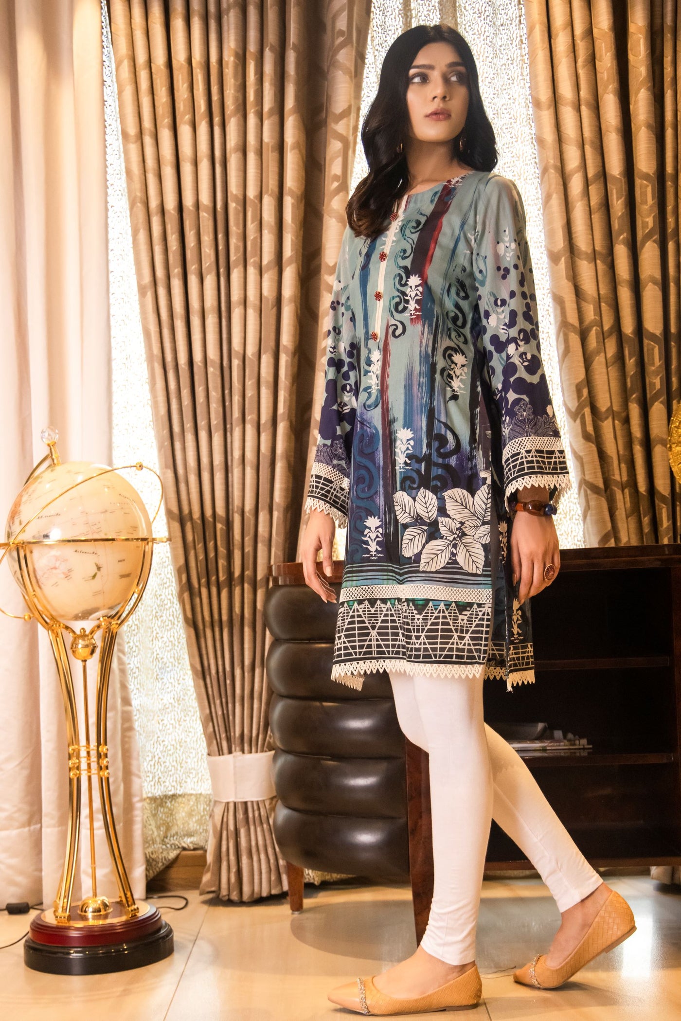 ladies stitched Lawn Kurti and Shirt Multi Color- Front side view