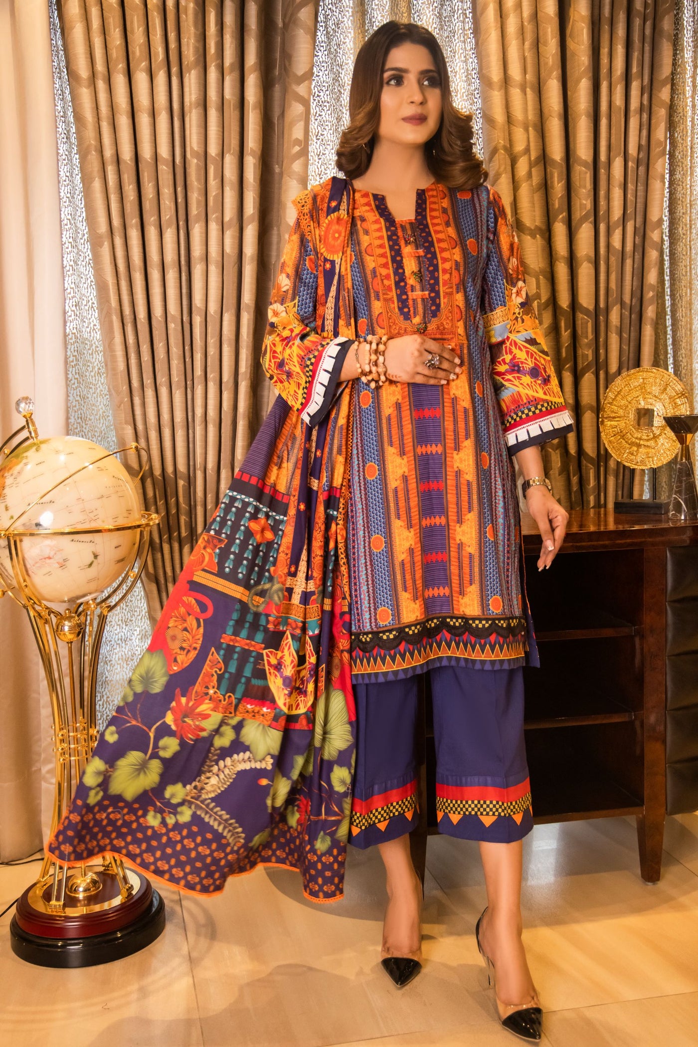 3 Piece Lawn Elegant Summer Suit Beautiful Multi Color Suit Rang-e-Bahar - Front