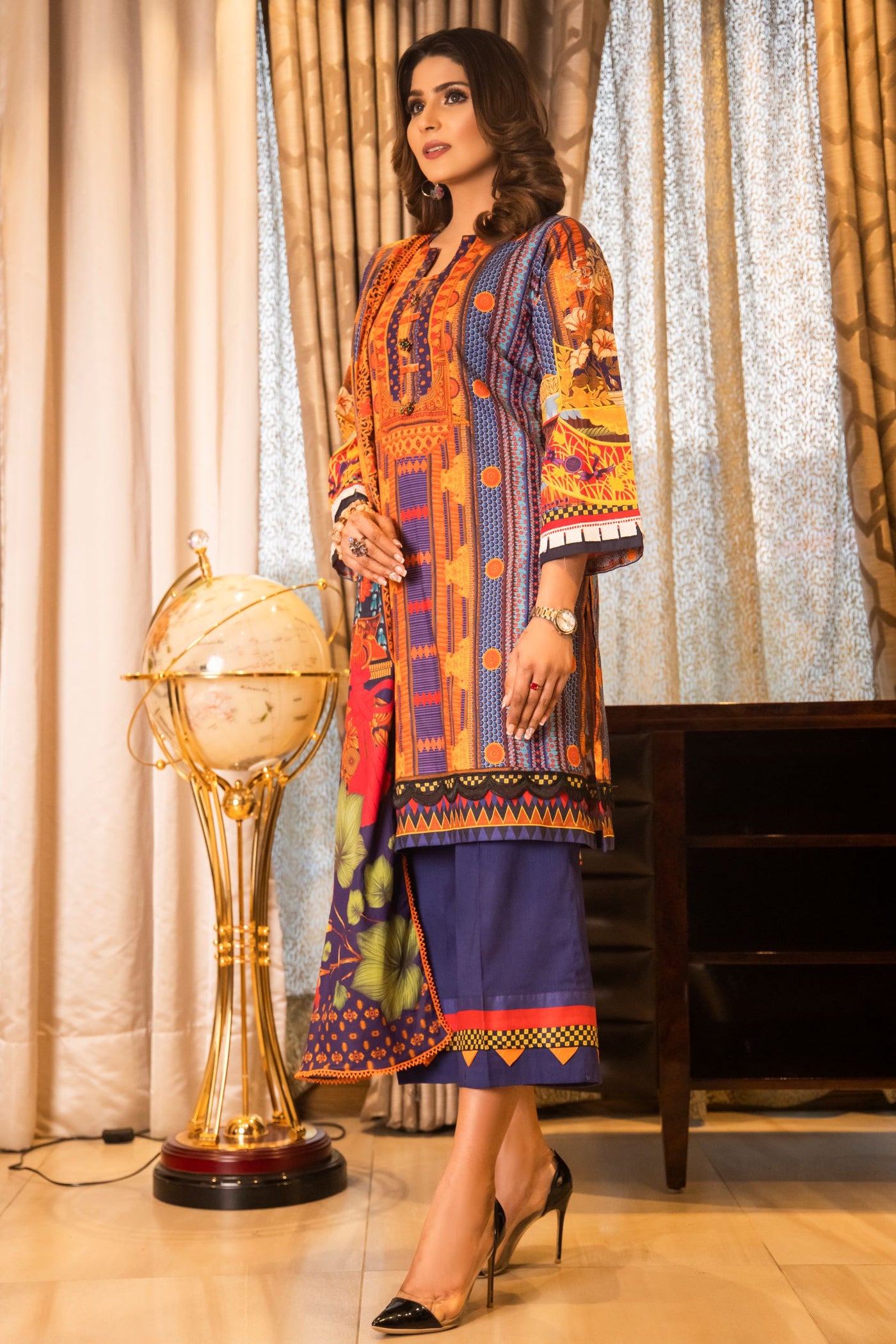 3 Piece Lawn Elegant Summer Suit Beautiful Multi Color Suit Rang-e-Bahar - Front side view