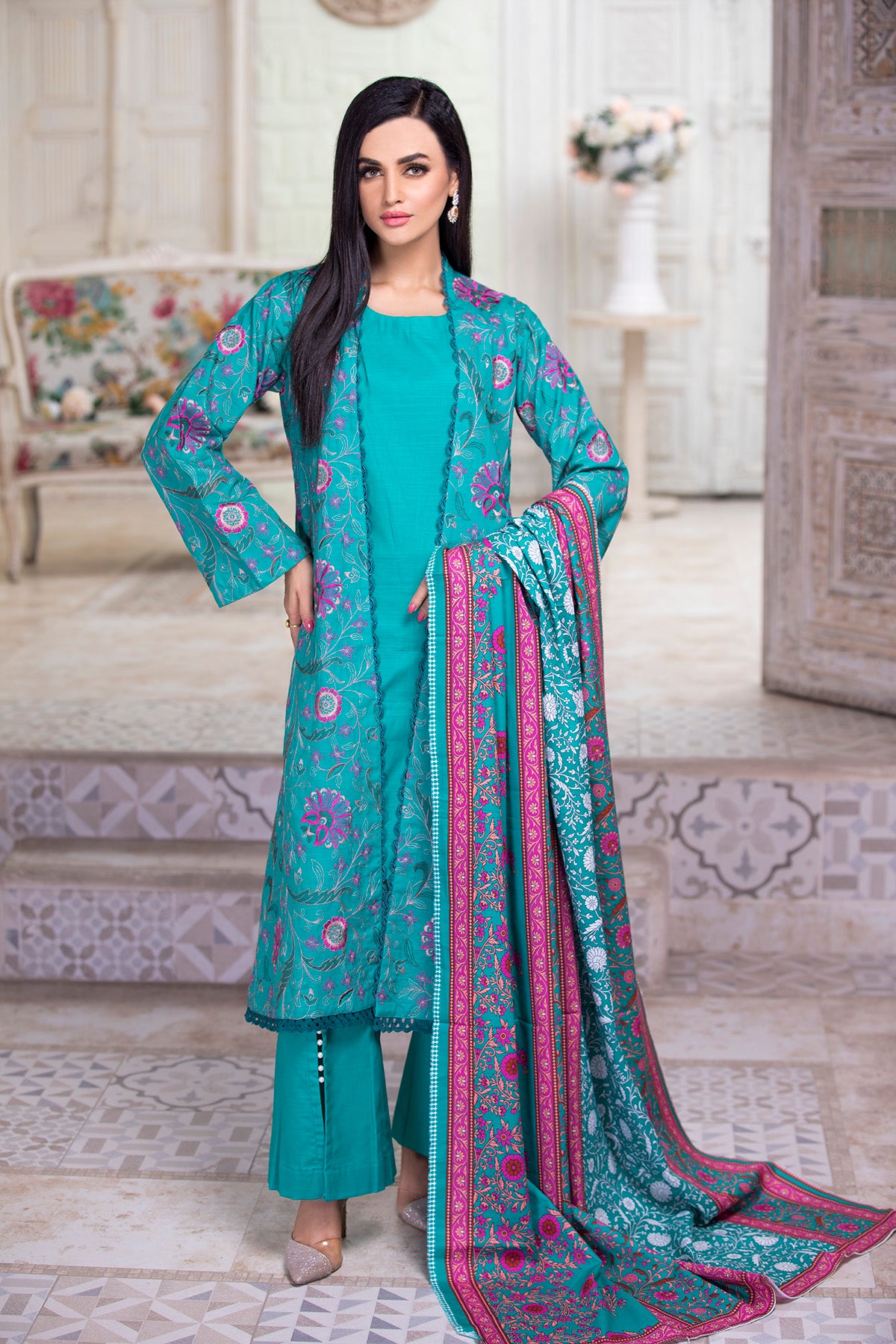 4 PC ZIBA Khaddar Stitched Gown Style- Front with dupatta 