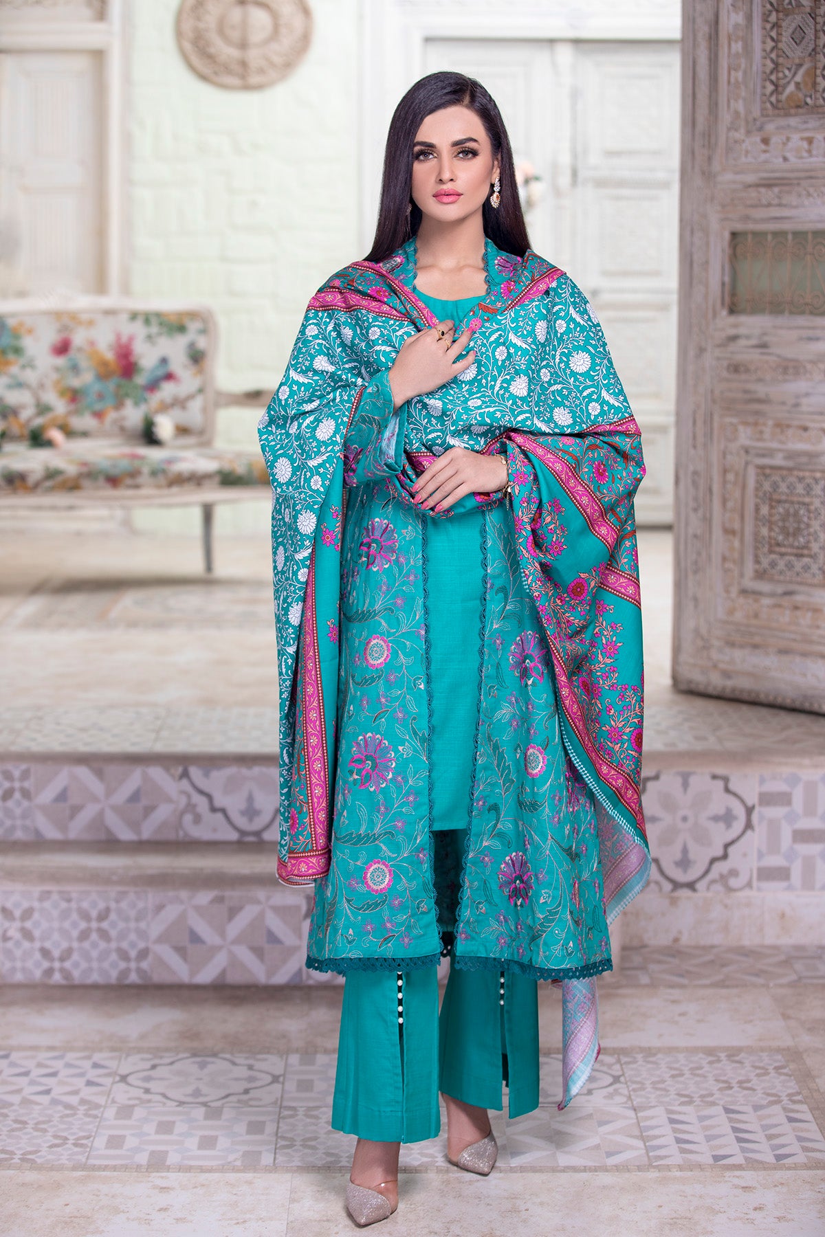 4 PC ZIBA Khaddar Stitched Gown Style- Front