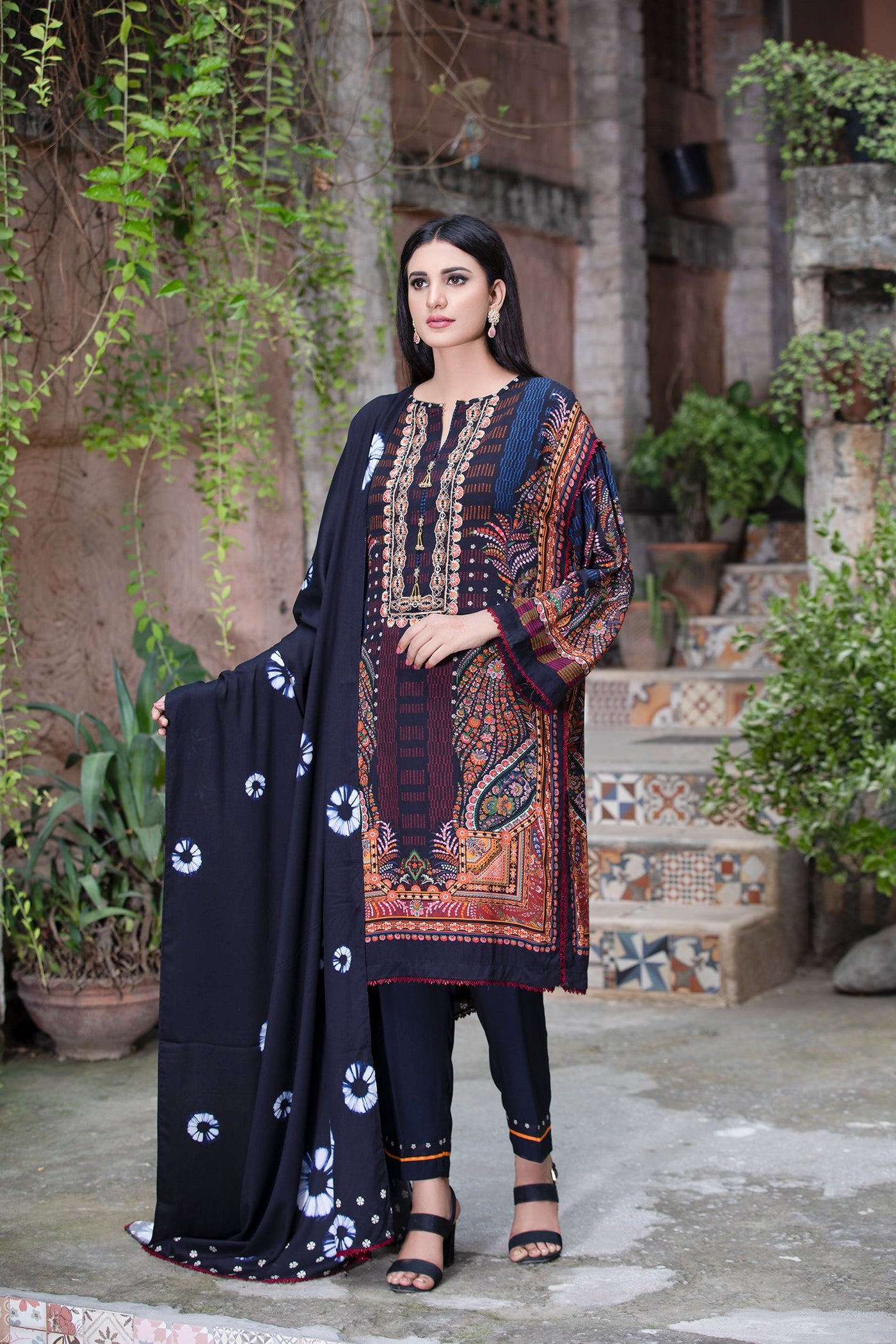 Cottel 3 Pcs Stitched Suit-Digital Printed Cottel Shirt with Neckline Embroidery-Cottel Digital Print Dupatta-Dyed Cottel trousers Front Near View 2