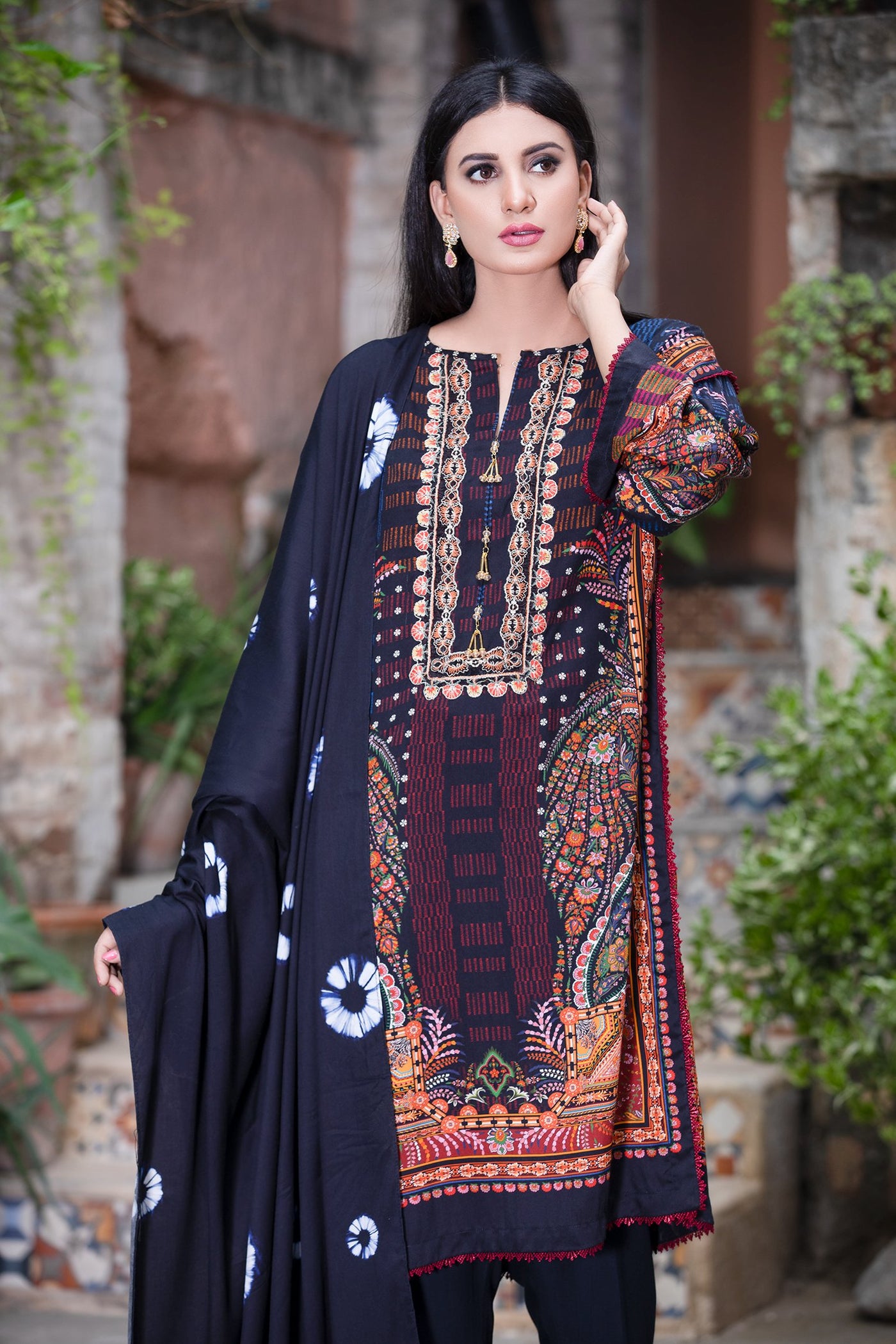 Cottel 3 Pcs Stitched Suit-Digital Printed Cottel Shirt with Neckline Embroidery-Cottel Digital Print Dupatta-Dyed Cottel trousers Front Near View