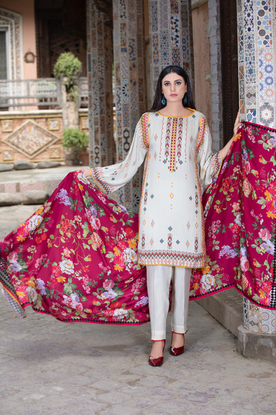 Cottel Digital Printed - 3 Piece Suit White and Multicolor-Front View with Dupatta