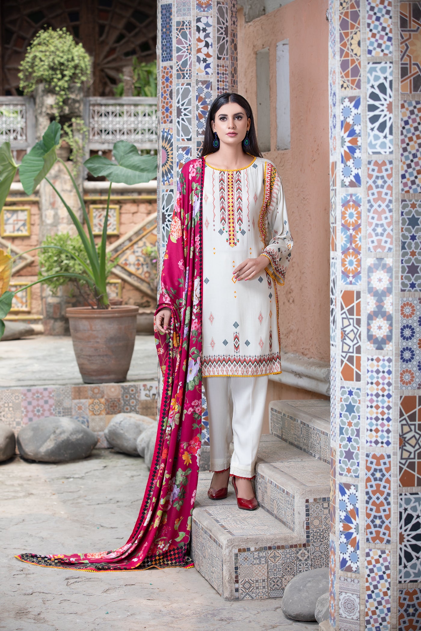 Cottel Digital Printed - 3 Piece Suit White and Multicolor-Front