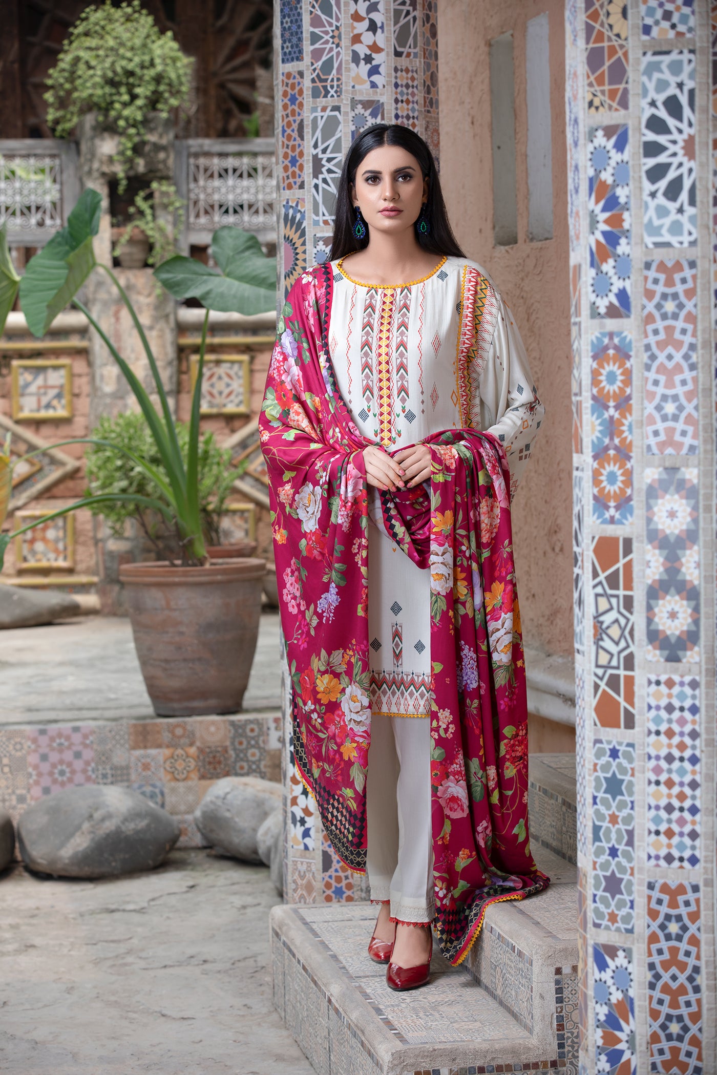 Cottel Digital Printed - 3 Piece Suit White and Multicolor-Front 2