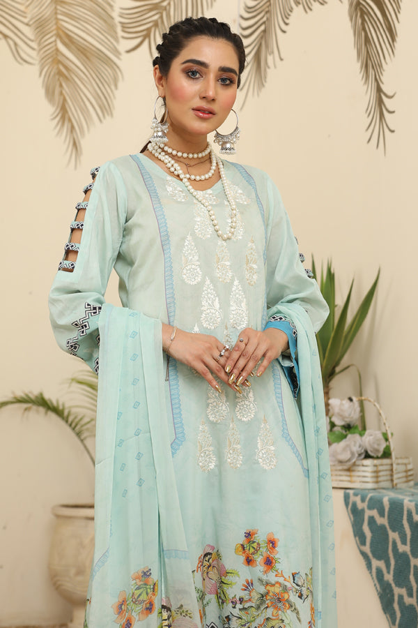 Digital Light Color Print shirt with embroidered shirt Embroidery Chiffon dupatta Dyed Cotton Trouser- Front 2