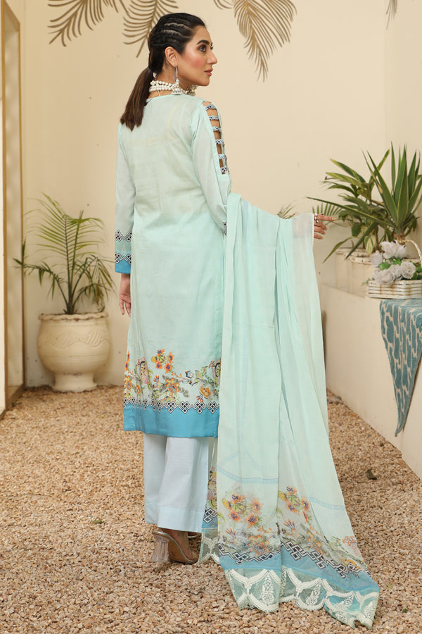 Digital Light Color Print shirt with embroidered shirt Embroidery Chiffon dupatta Dyed Cotton Trouser- back