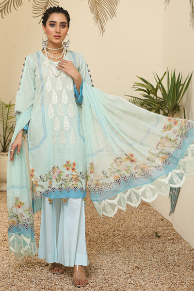 Digital Light Color Print shirt with embroidered shirt Embroidery Chiffon dupatta Dyed Cotton Trouser- Front