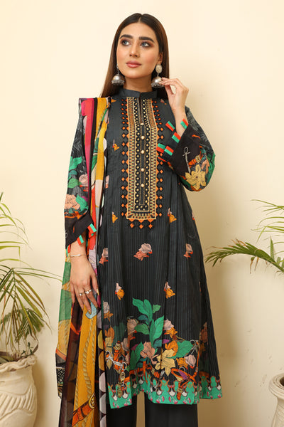 Digital black Color Print shirt with embroidered shirt Embroidery Chiffon dupatta Dyed Cotton Trouser- Front 3