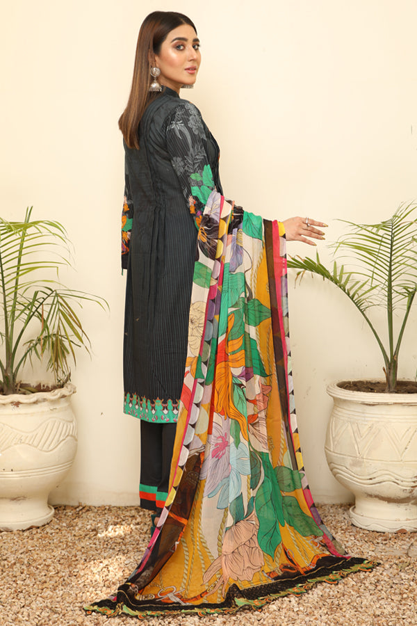 Digital black Color Print shirt with embroidered shirt Embroidery Chiffon dupatta Dyed Cotton Trouser- back