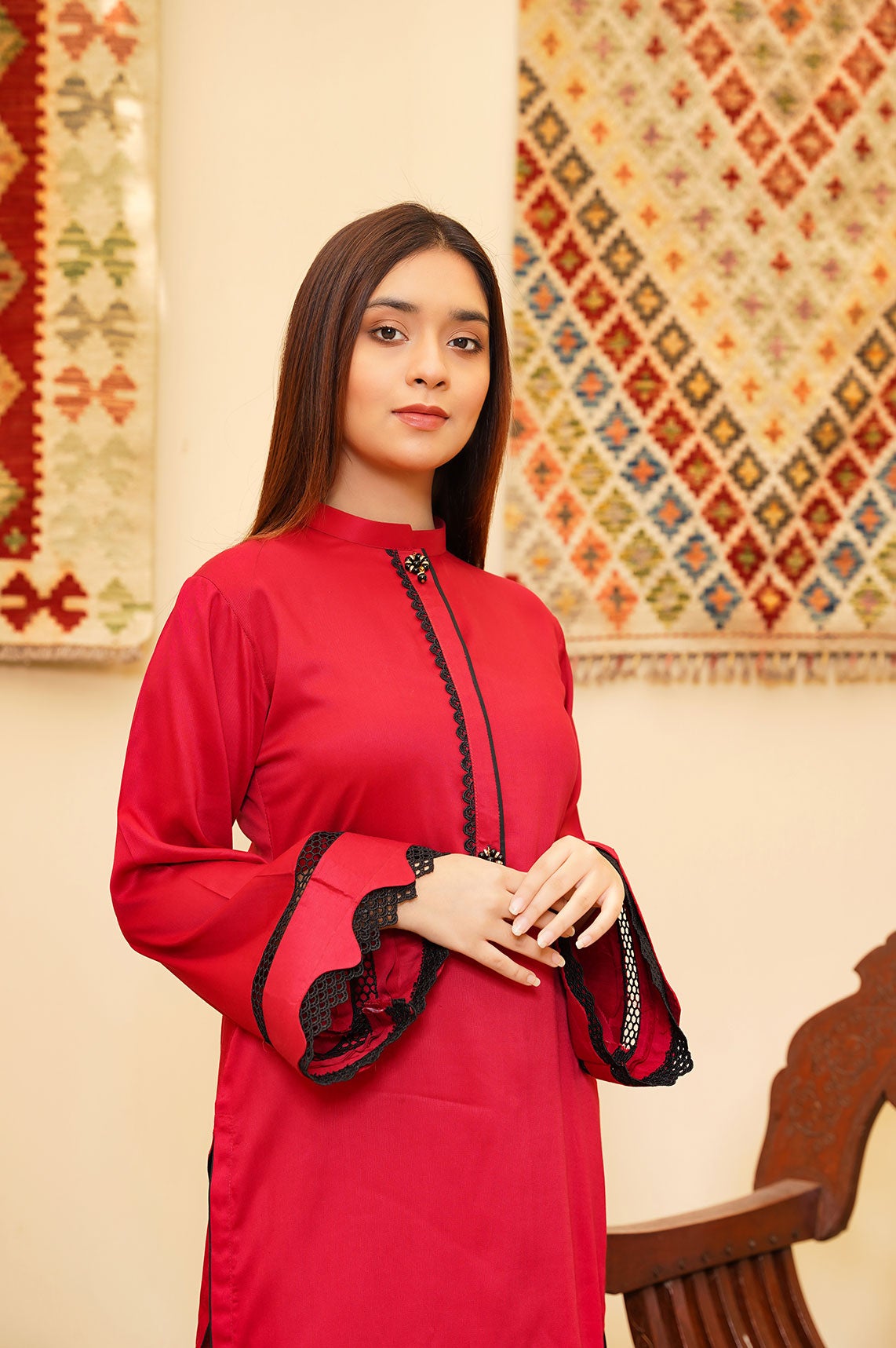 One pc Lawn Pret red color Shirt for Women- Front View