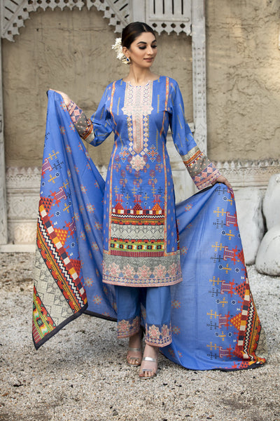 Sky Blue Embroidered Lawn Dress ll Unstitched 3-pc