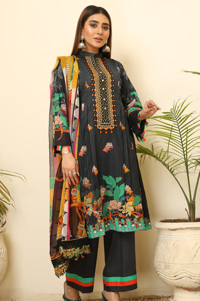 Digital black Color Print shirt with embroidered shirt Embroidery Chiffon dupatta Dyed Cotton Trouser- Front