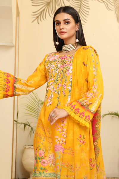 Digital Yellow Color Print shirt with embroidered shirt Embroidery Chiffon Yellow Color  dupatta Dyed Cotton Yellow Color Trouser- Front3