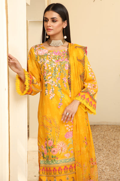 Digital Yellow Color Print shirt with embroidered shirt Embroidery Chiffon Yellow Color  dupatta Dyed Cotton Yellow Color Trouser- Front 2