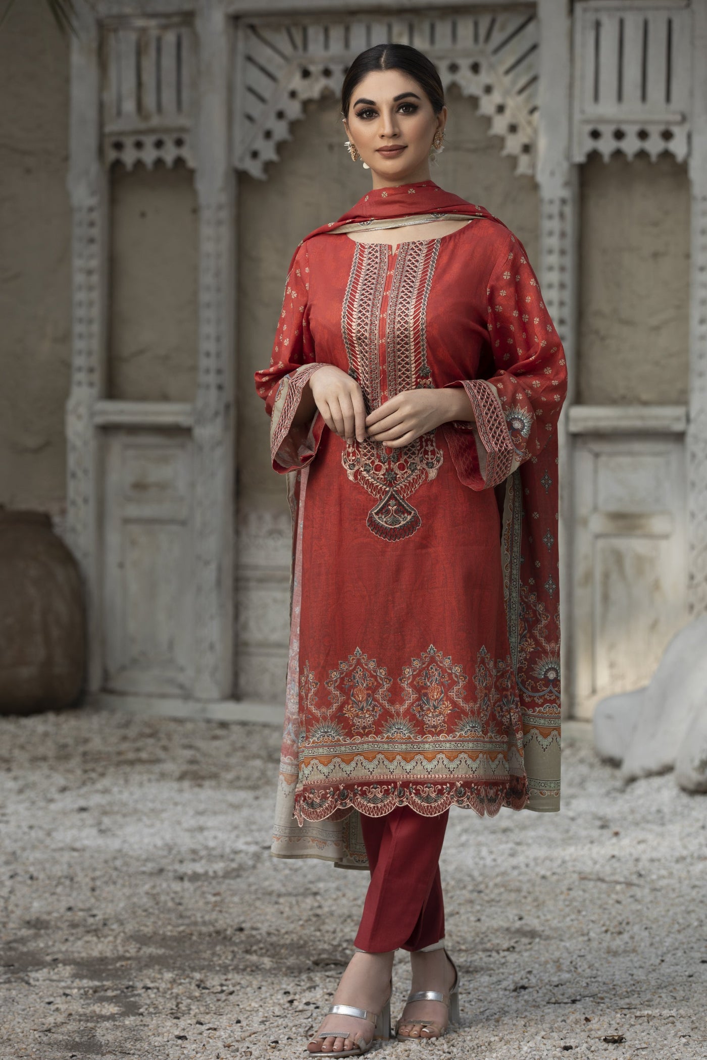 Red Embroidered Lawn Dress ll Unstitched 3-pc
