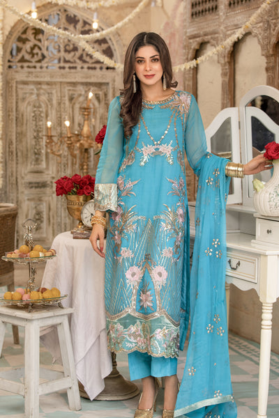 Stunning Turquoise Embroidered Chiffon Dress