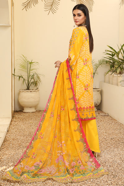 Digital Yellow Color Print shirt with embroidered shirt Embroidery Chiffon Yellow Color  dupatta Dyed Cotton Yellow Color Trouser- Back