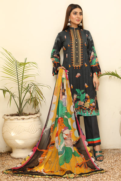 Digital black Color Print shirt with embroidered shirt Embroidery Chiffon dupatta Dyed Cotton Trouser- Front 2