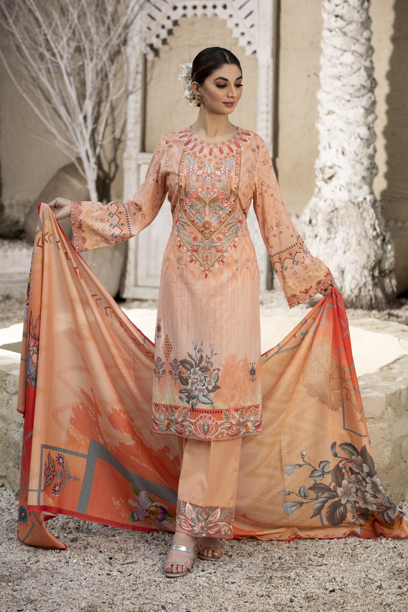 Peach Embroidered Lawn Dress