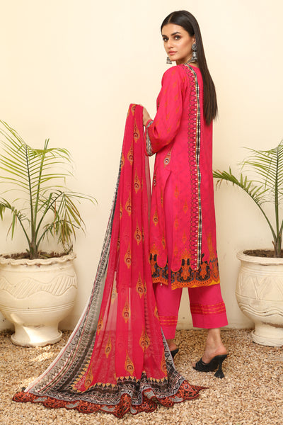 Digital Light Red Print shirt with embroidered shirt Embroidery Chiffon Light Red dupatta Dyed Cotton Light Red Trouser- Back