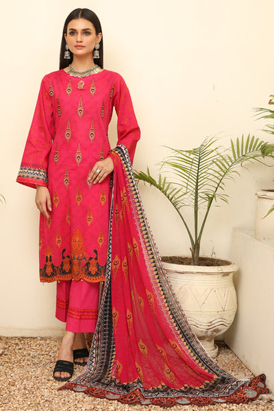Digital Light Red Print shirt with embroidered shirt Embroidery Chiffon Light Red dupatta Dyed Cotton Light Red Trouser- Front