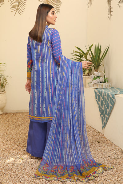 Digital Blue Print shirt with embroidered shirt Embroidery Chiffon Blue dupatta Dyed Cotton Blue Trouser- Back