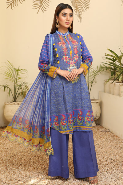 Digital Blue Print shirt with embroidered shirt Embroidery Chiffon Blue dupatta Dyed Cotton Blue Trouser- Front