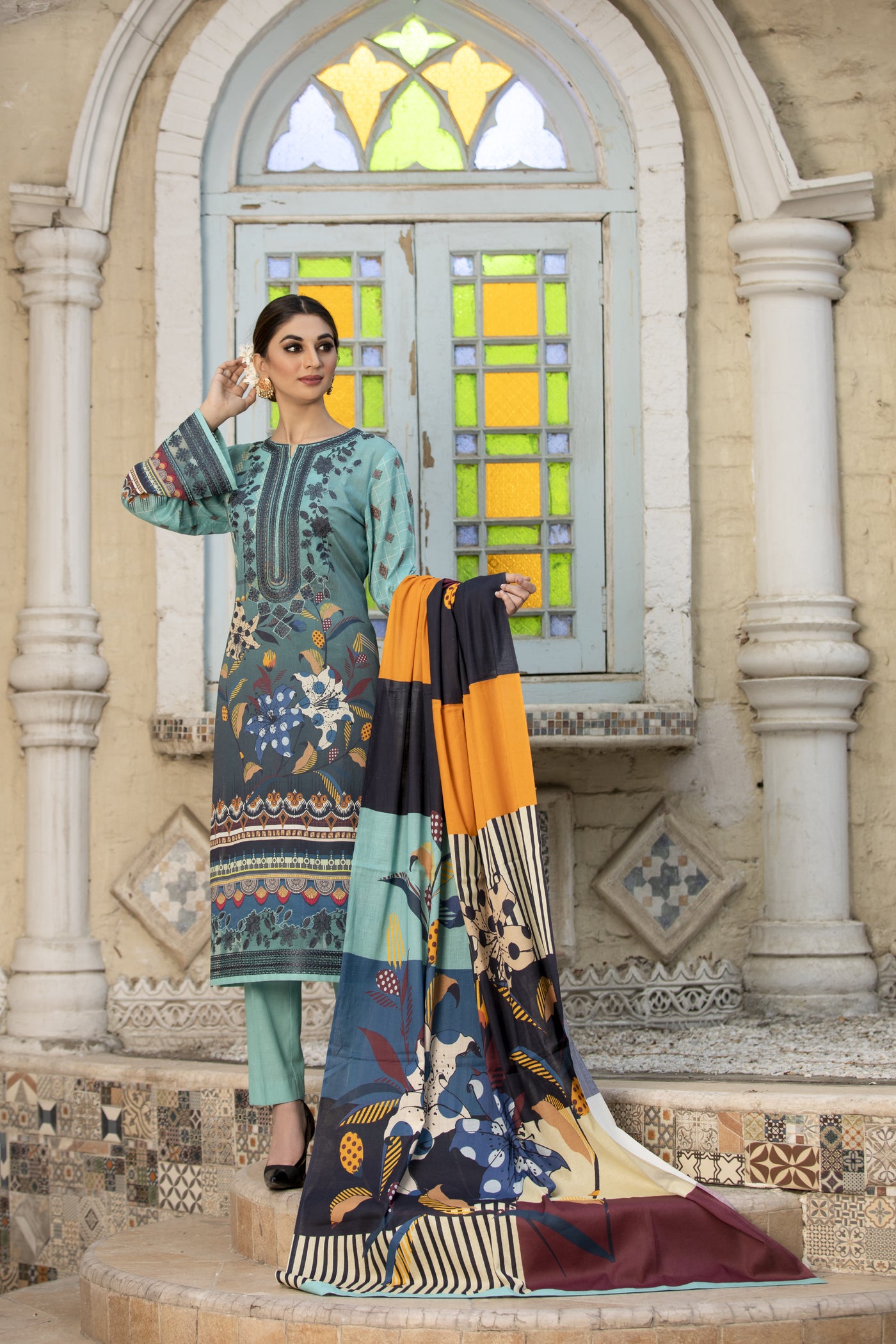 Black Green Embroidered Lawn Dress