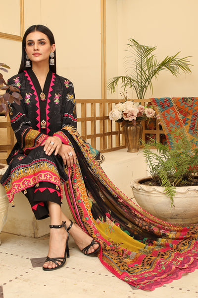 3 Piece Suit-Digital Print shirt with embroidered shirt-Embroidery Chiffon dupatta-Dyed Cotton Trouser - Front Sitting