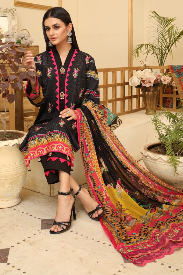 3 Piece Suit-Digital Print shirt with embroidered shirt-Embroidery Chiffon dupatta-Dyed Cotton Trouser - Front Sitting 2