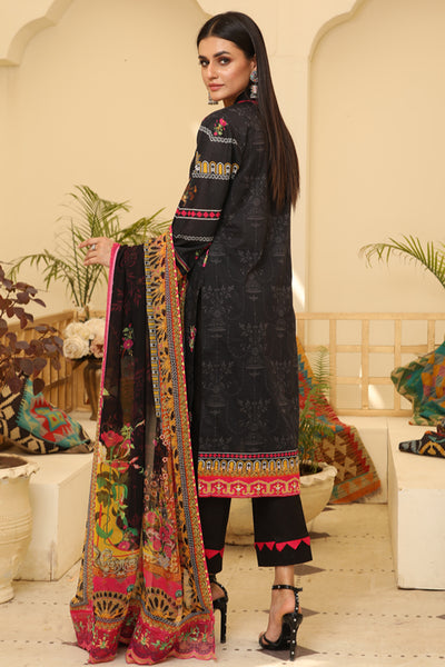 3 Piece Suit-Digital Print shirt with embroidered shirt-Embroidery Chiffon dupatta-Dyed Cotton Trouser - Back