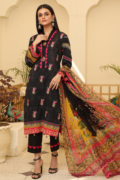 3 Piece Suit-Digital Print shirt with embroidered shirt-Embroidery Chiffon dupatta-Dyed Cotton Trouser - Front