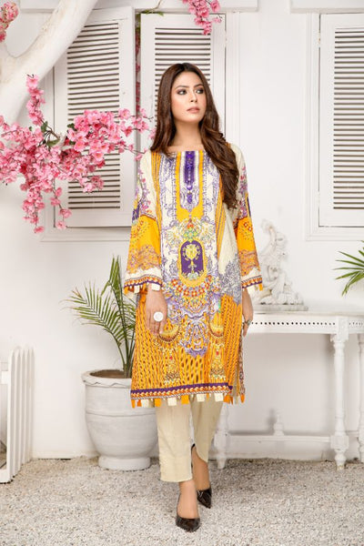 Nisa Kurti Printed White and Yellow Lawn Shirt- Multi Color- Front