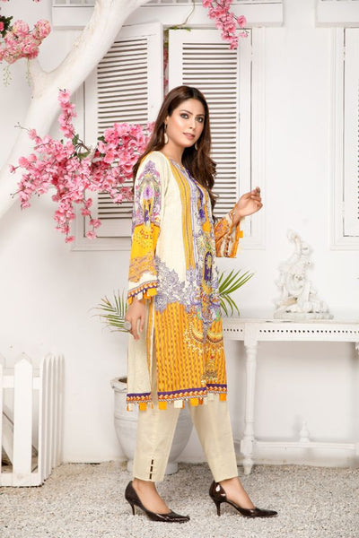 Nisa Kurti Printed White and Yellow Lawn Shirt- Multi Color- Front 2