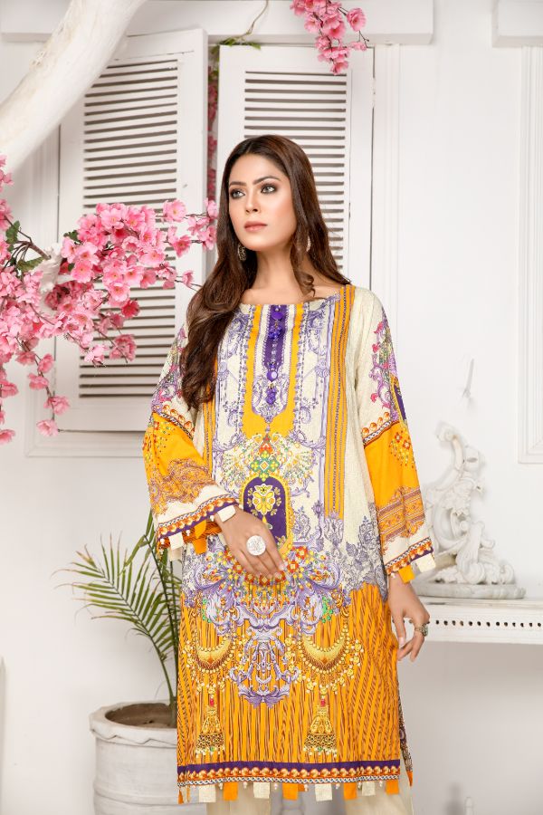 Nisa Kurti Printed White and Yellow Lawn Shirt- Multi Color- Front 3