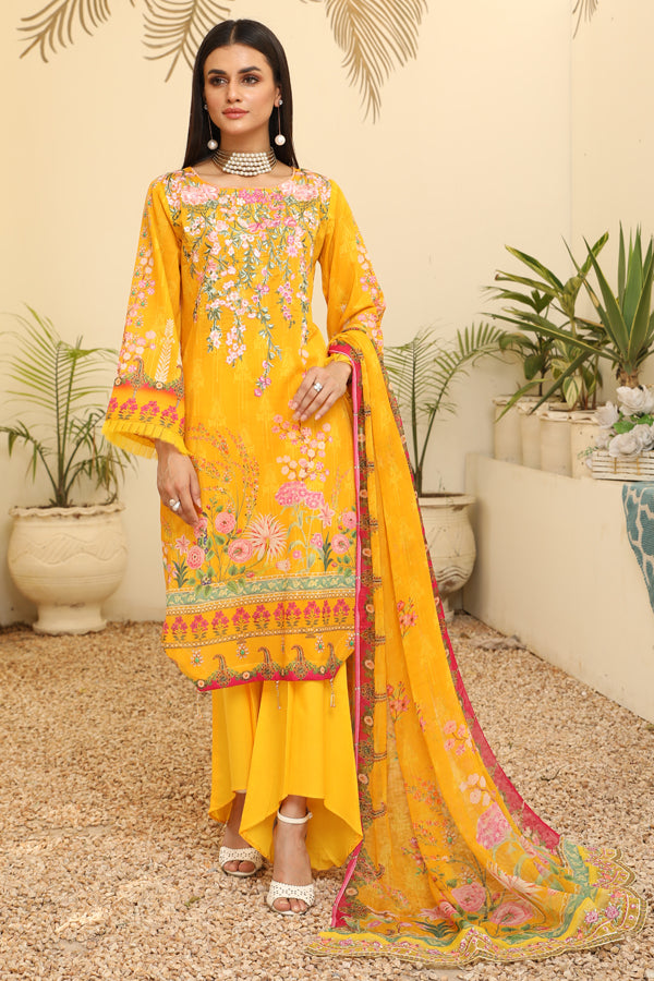 Digital Yellow Color Print shirt with embroidered shirt Embroidery Chiffon Yellow Color  dupatta Dyed Cotton Yellow Color Trouser- Front