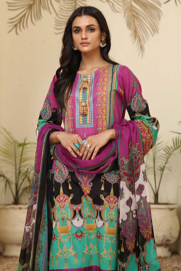 Digital Beautiful Multi Color Print shirt with embroidered shirt Embroidery Chiffon dupatta Dyed Cotton Trouser- Front