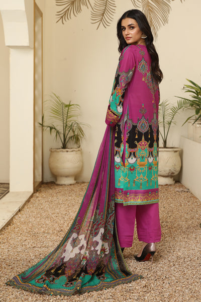 Digital Beautiful Multi Color Print shirt with embroidered shirt Embroidery Chiffon dupatta Dyed Cotton Trouser- Back