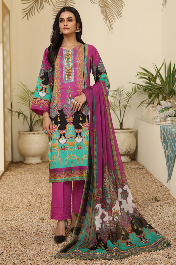 Digital Beautiful Multi Color Print shirt with embroidered shirt Embroidery Chiffon dupatta Dyed Cotton Trouser- Front 2