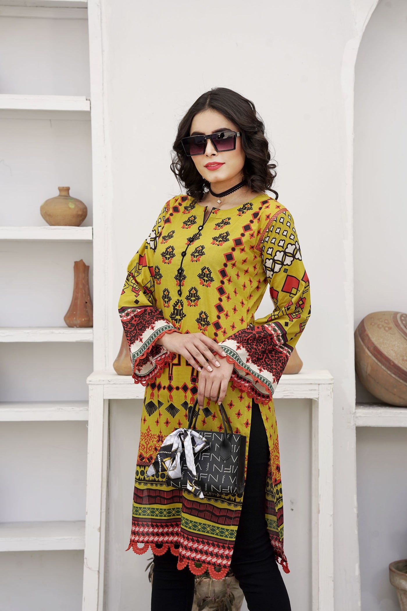 One pc Lawn Pret Multi Color with yellow and black color Shirt for Women- Front View