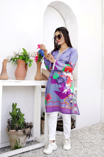One pc Lawn Pret Multi Color with blue shed Shirt for Women- Front View