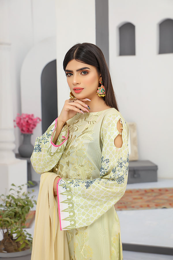 Embroidered Suit Stitched- Stitched Suit light yellow- Front Zoom
